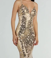 Brie Formal Sequin Leaf Plunge Mermaid Dress