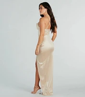 Stella Satin Cowl Neck High Slit Formal Dress