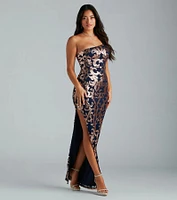 Lorena Sequin One-Shoulder High Slit Formal Dress