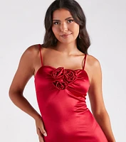 Leia Rosette Applique Long Satin Formal Dress