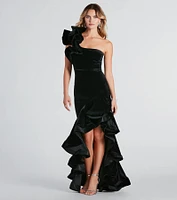 Beatrice Formal Velvet Ruffle High Low Dress