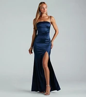 Hallie Rhinestone Satin High Slit Mermaid Dress
