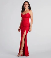 Shelly High Slit Glitter Knit Formal Dress