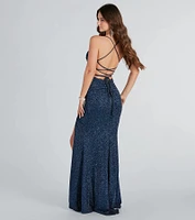 Rosalyn Ruched Glitter Knit High Slit Formal Dress