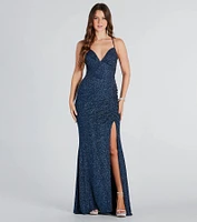 Rosalyn Ruched Glitter Knit High Slit Formal Dress