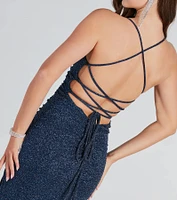 Rosalyn Ruched Glitter Knit High Slit Formal Dress