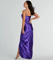 Stephanie Cowl Neck Wrap Satin Formal Dress