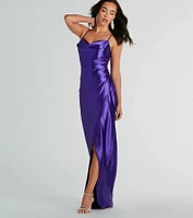 Stephanie Cowl Neck Wrap Satin Formal Dress