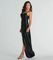 Stephanie Cowl Neck Wrap Satin Formal Dress