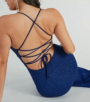 Chelsea Cowl Neck Lace-Up Mermaid Glitter Dress