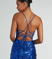 Regina Lace-Up Mermaid Sequin Mesh Formal Dress