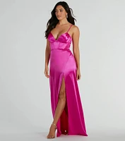 Haley Corset Slit A-Line Satin Formal Dress