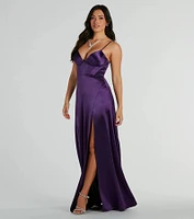 Haley Corset Slit A-Line Satin Formal Dress