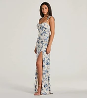 Amalia High Slit Floral Satin Mermaid Dress
