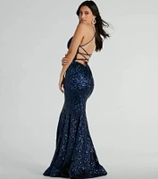 Saskia Lace-Up Mermaid Sequin Satin Formal Dress
