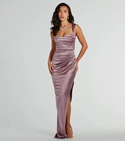 Kirsten Satin Cowl Neck High Slit Formal Dress