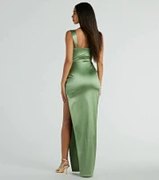 Kirsten Satin Cowl Neck High Slit Formal Dress