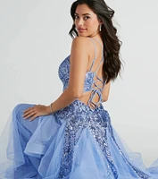Sylvia Lace-Up Mermaid Tulle Ruffle Sequin Dress