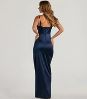 Iliana Cowl Neck High Slit Satin Column Dress