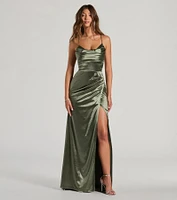 Dani Cowl Neck Lace-Up A-Line Satin Formal Dress
