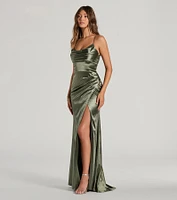 Dani Cowl Neck Lace-Up A-Line Satin Formal Dress