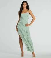 Jaymie One-Shoulder Ruffle Slit Formal Dress