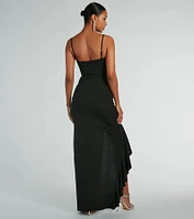 Maggie Ruffled High Slit Crepe Formal Dress