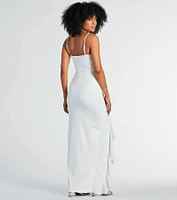 Maggie Ruffled High Slit Crepe Formal Dress