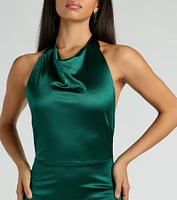 Melina Satin Halter High Slit Column Dress