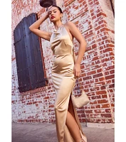 Melina Satin Halter High Slit Column Dress