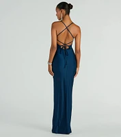 Natalie Cowl Neck Lace-Up Slit Column Dress