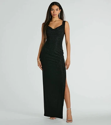 Claire Low-Back Slim Glitter Mesh Formal Dress
