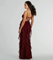 Sophia Lace-Up Ruffle Mermaid Mesh Formal Dress