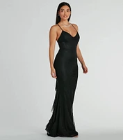 Elowyn Ruffle-Back Glitter Mesh Mermaid Dress