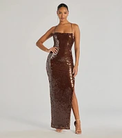 Naya Lace-Up High Slit Sequin Column Dress