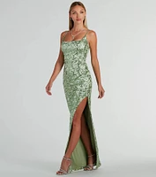 Alessia Square Neck Slim Sequin Satin Formal Dress