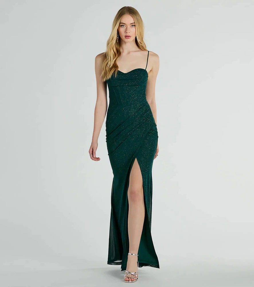 Daleyza Bustier Slit Glitter Column Formal Dress