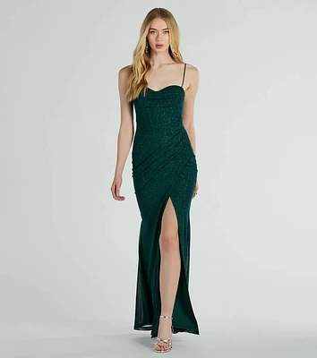 Daleyza Bustier Slit Glitter Column Formal Dress
