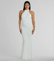 Courtney Halter Faux Pearl Bead Slim Formal Dress