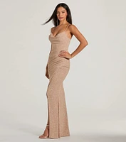 Mila Cowl Neck Wrap Slit Mermaid Glitter Formal Dress