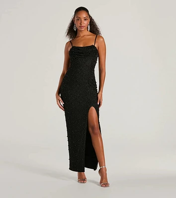 Klara Cowl Neck Faux Pearl Bead Column Dress