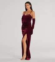 Inez Beaded Applique Velvet Formal Column Dress With Gloves