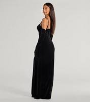 Inez Beaded Applique Velvet Formal Column Dress With Gloves