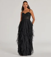 Keyla Floral Applique Tiered Ruffle Tulle Gown