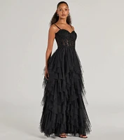 Keyla Floral Applique Tiered Ruffle Tulle Gown