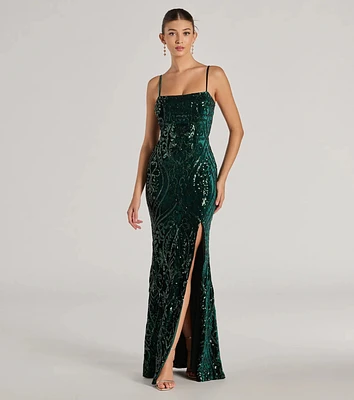 Lilia Sequin Velvet High Slit Column Dress