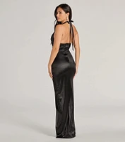 Candance Halter Pleated Wrap Slim Satin Formal Dress