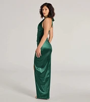 Candance Halter Pleated Wrap Slim Satin Formal Dress