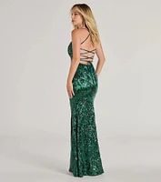 Marisol Lace-Up Column Sequin Satin Formal Dress