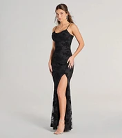 Ria Flocked Floral Velvet Formal Column Dress